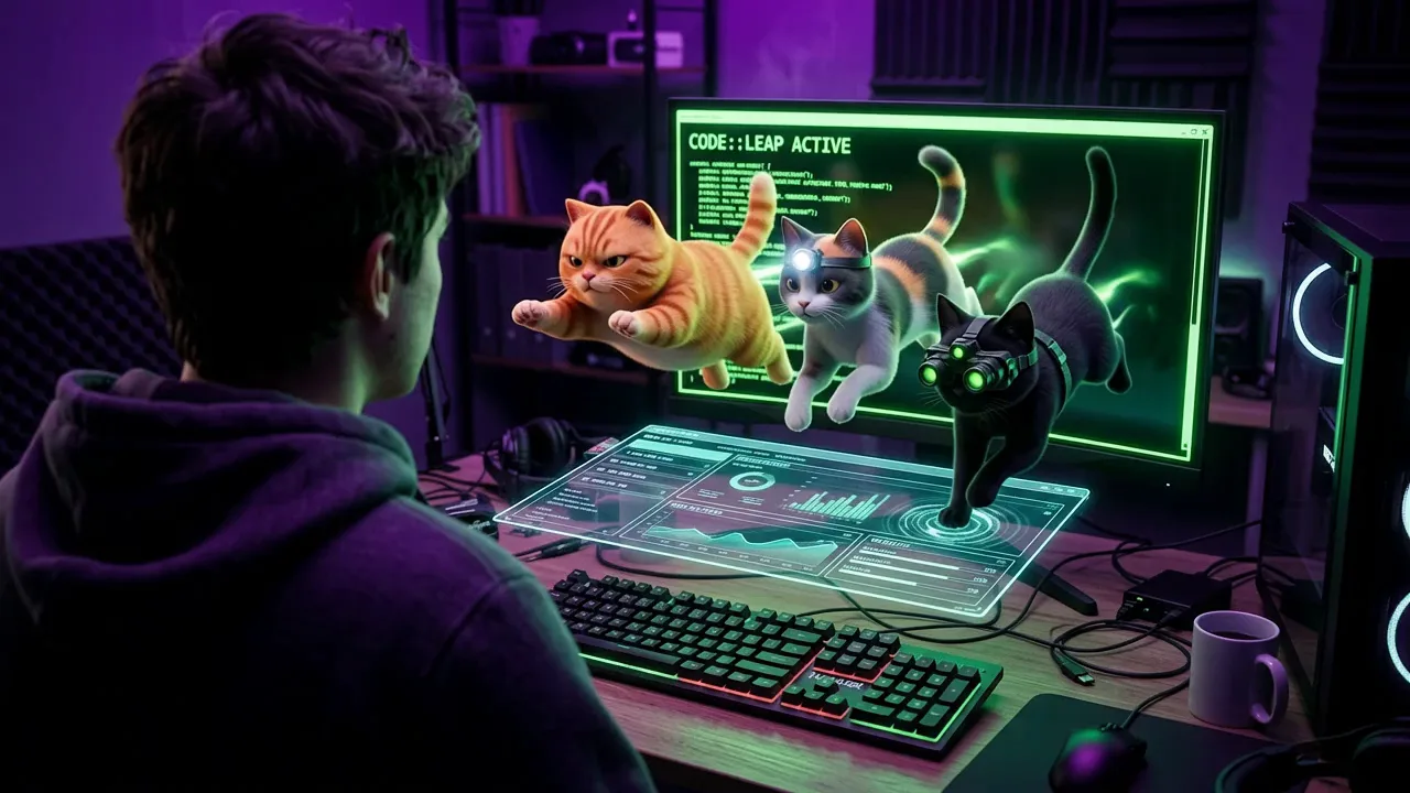 Cats prowling across a glowing interface