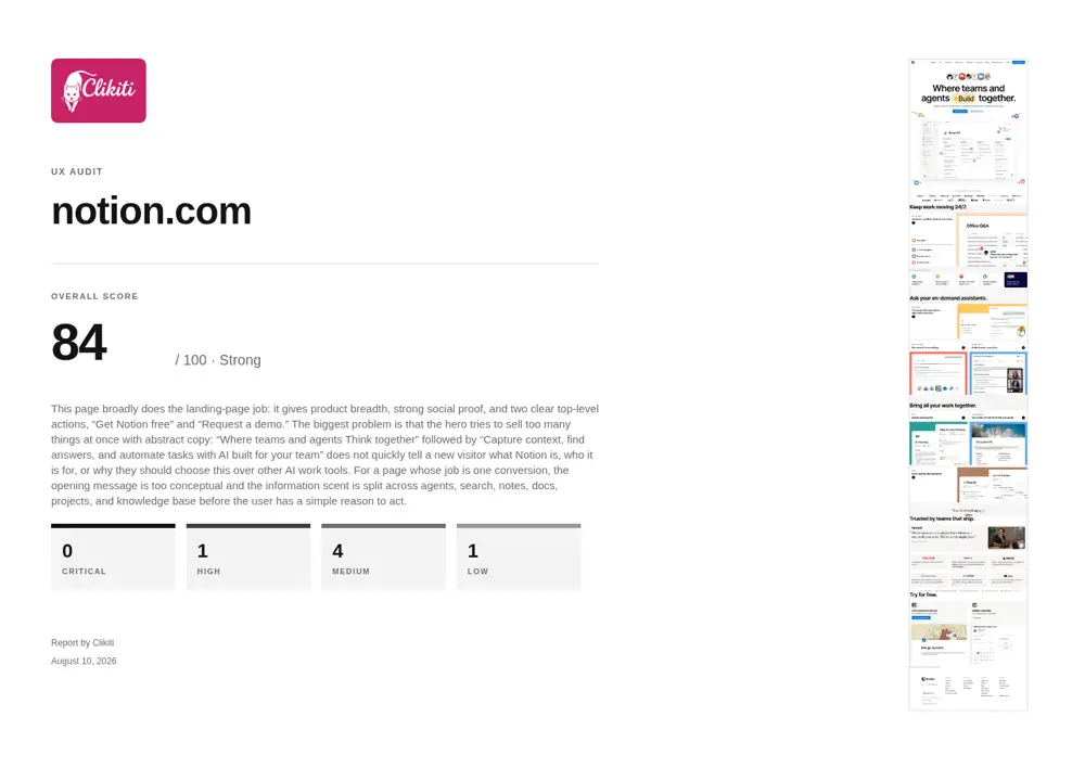 Cover page of a Clikiti PDF audit report for notion.com: studio logo, the score 84 out of 100, the written verdict, severity counts and the full-page capture down the right edge